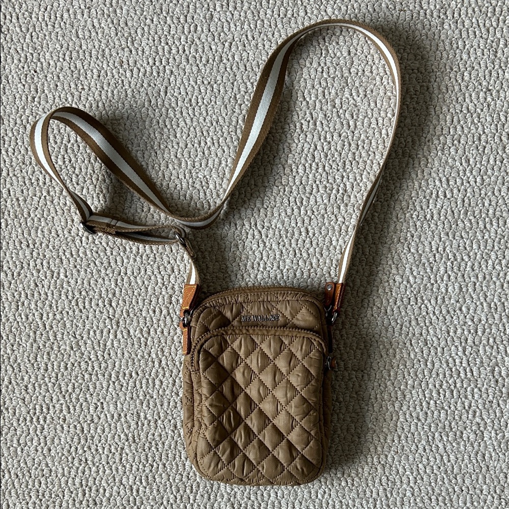MZ Wallace Quilted Tan/Brown Crossbody Bag with Striped Strap